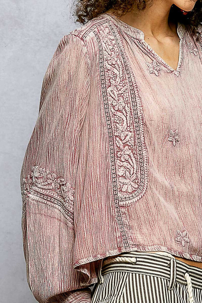 POL Antique Pink Embroidered Long Sleeve Top