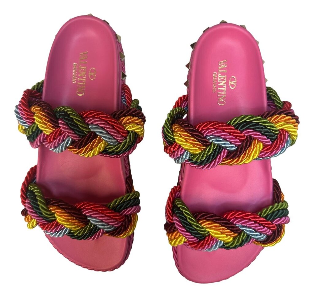 VALENTINO Pink Multi Braided Rockstud Sandal