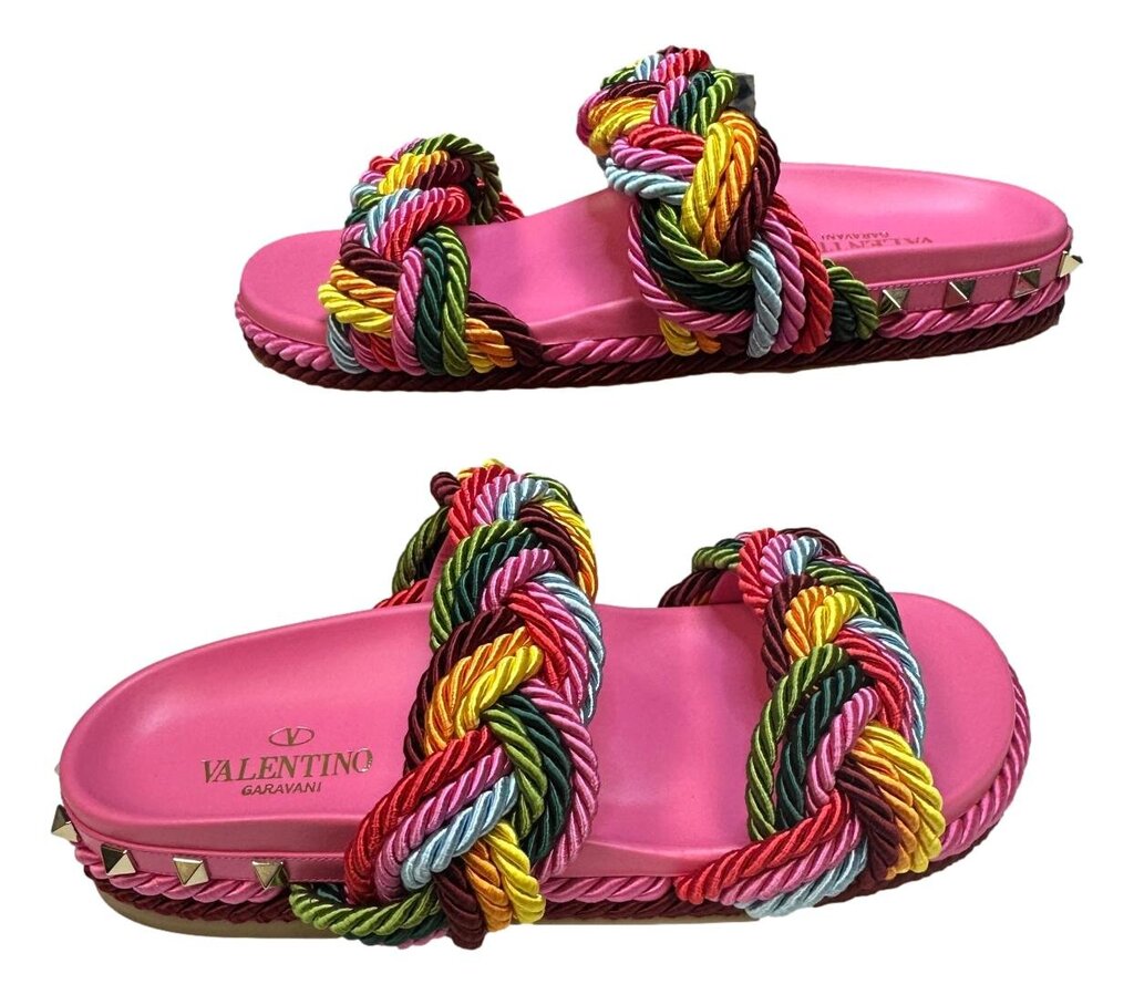 VALENTINO Pink Multi Braided Rockstud Sandal