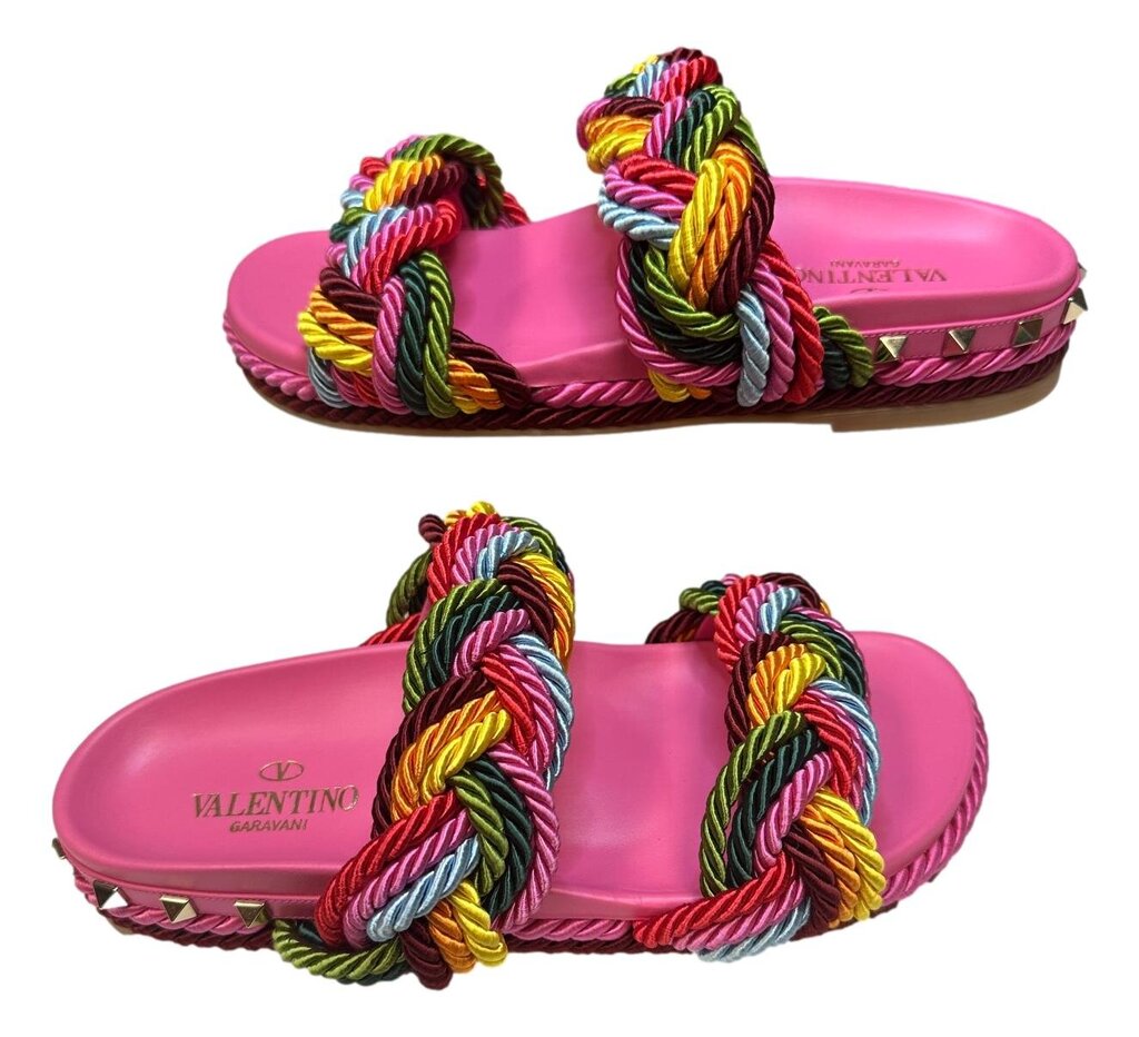 VALENTINO Pink Multi Braided Rockstud Sandal