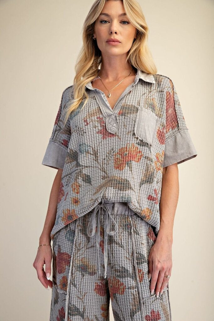 EASEL Light Washed Grey Waffle Knit Loungewear Short Sleeve Top