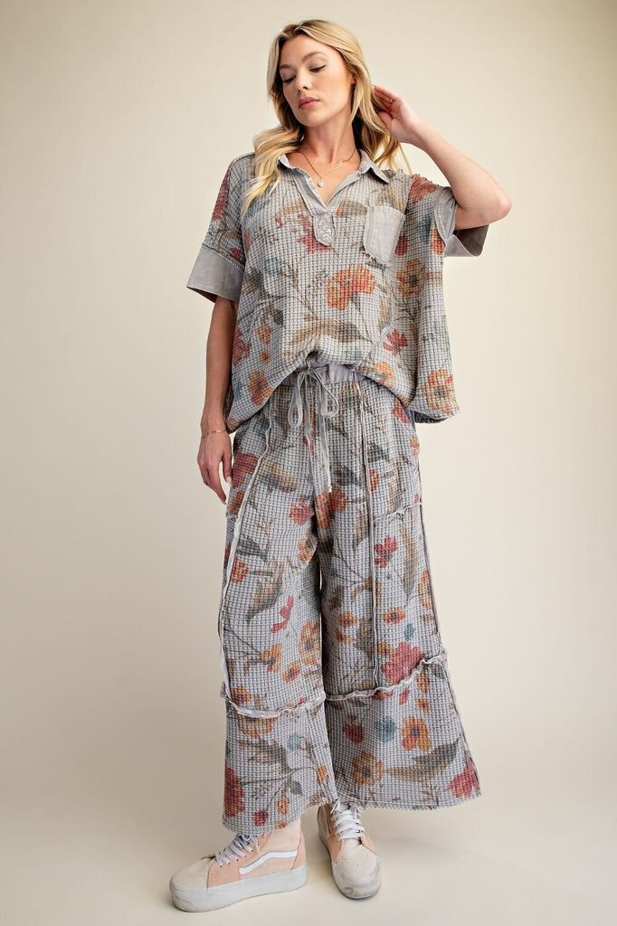 EASEL Light Washed Grey Waffle Knit Loungewear Short Sleeve Top