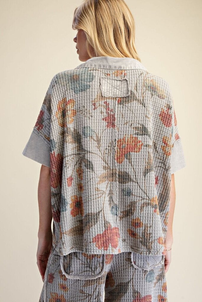 EASEL Light Washed Grey Waffle Knit Loungewear Short Sleeve Top
