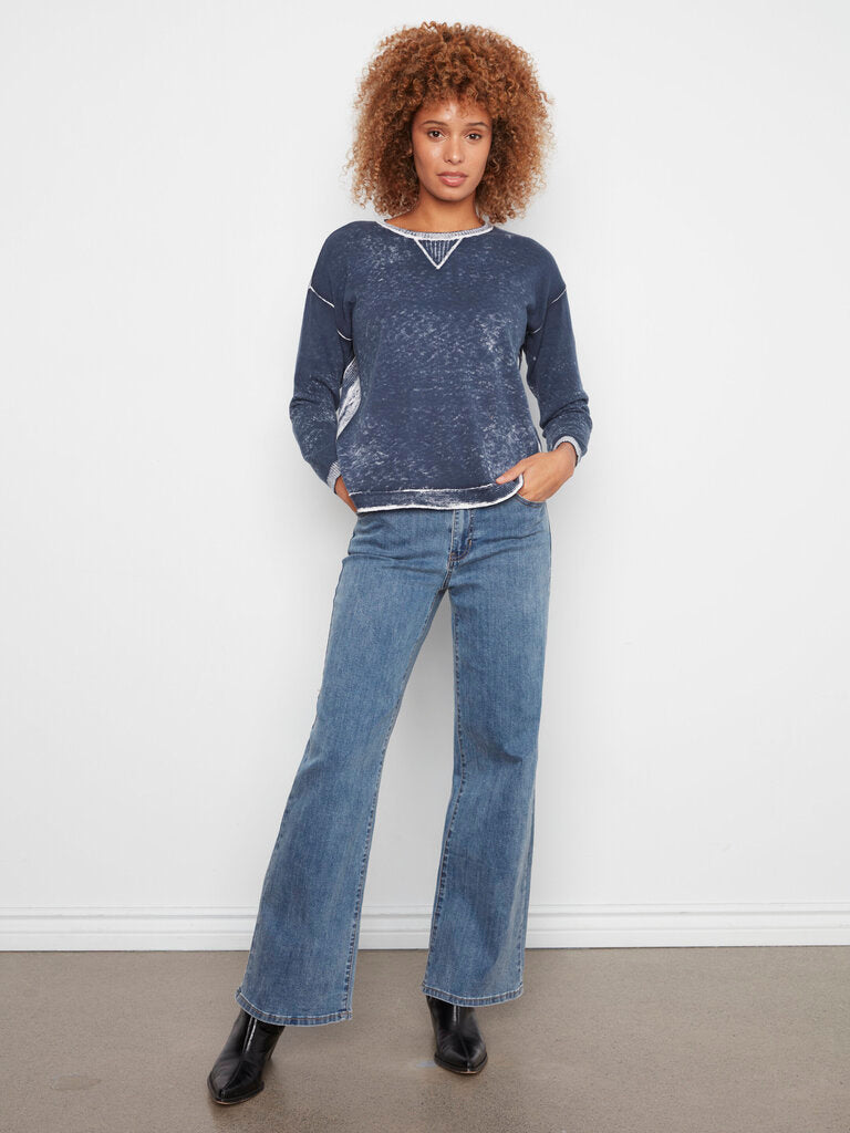 CHARLIE B Midnight Blue and White Long Sleeve Cotton Sweater Top