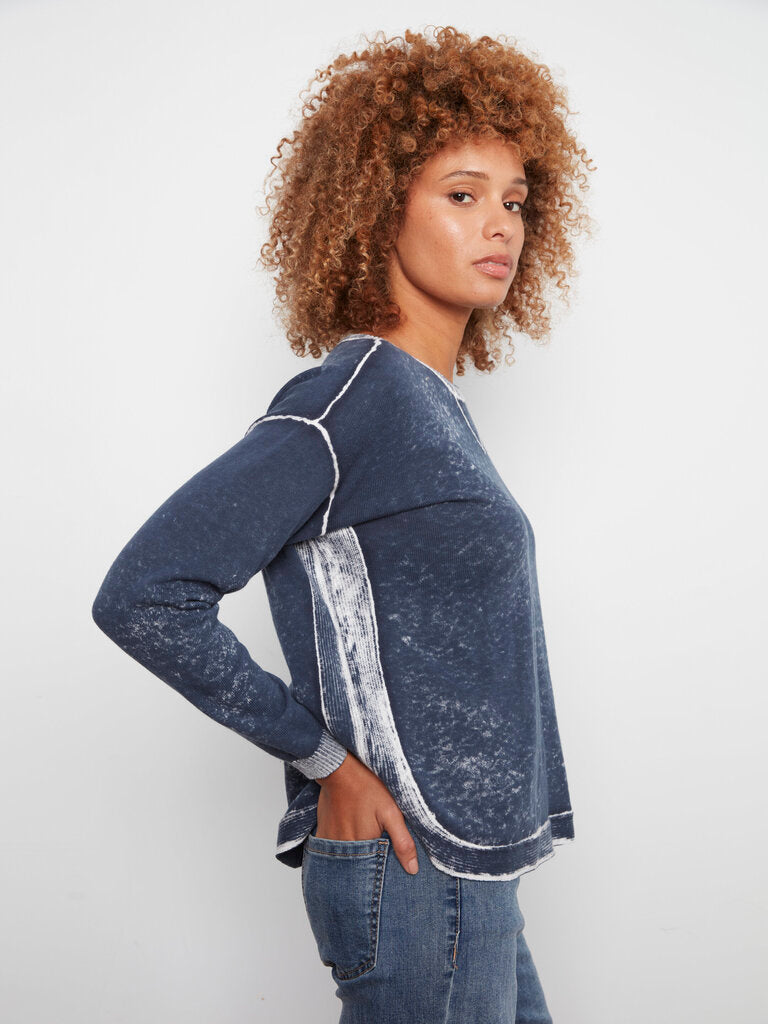 CHARLIE B Midnight Blue and White Long Sleeve Cotton Sweater Top