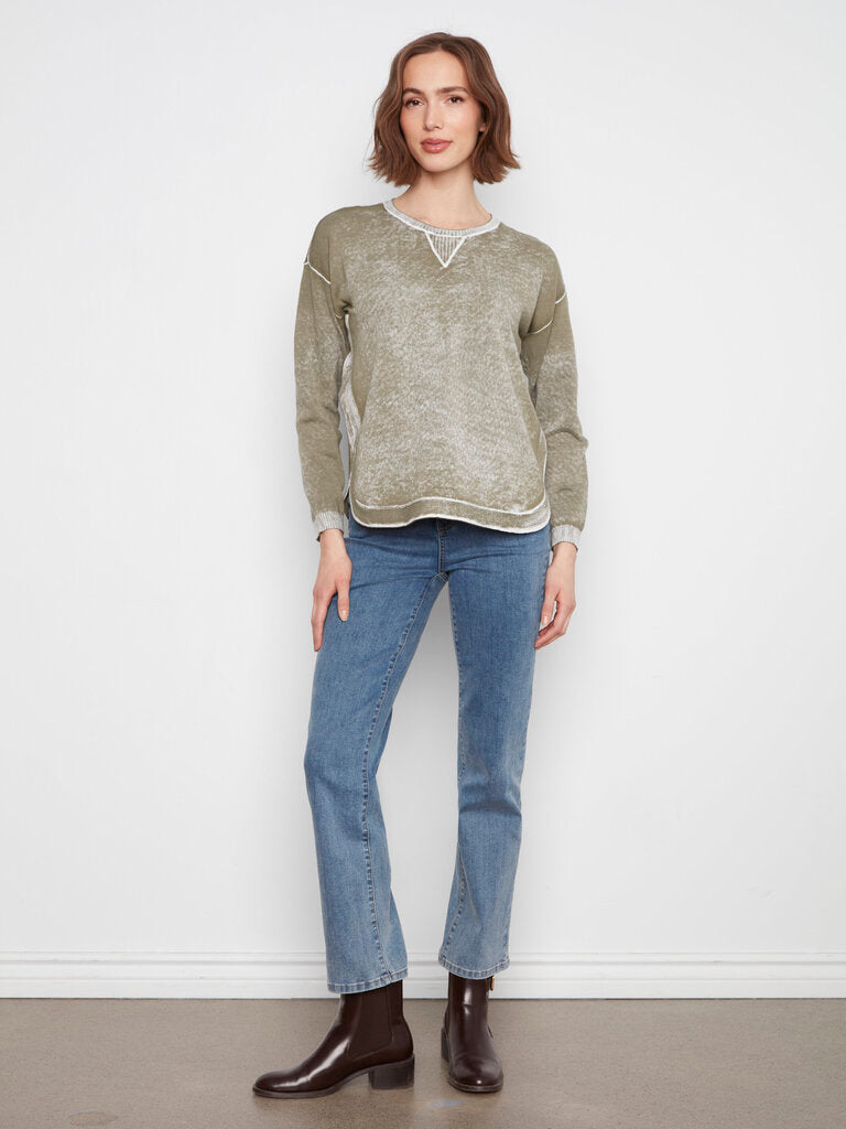 CHARLIE B Moss Green and White Long Sleeve Cotton Sweater Top