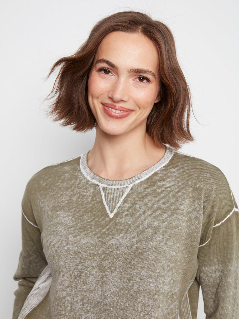 CHARLIE B Moss Green and White Long Sleeve Cotton Sweater Top