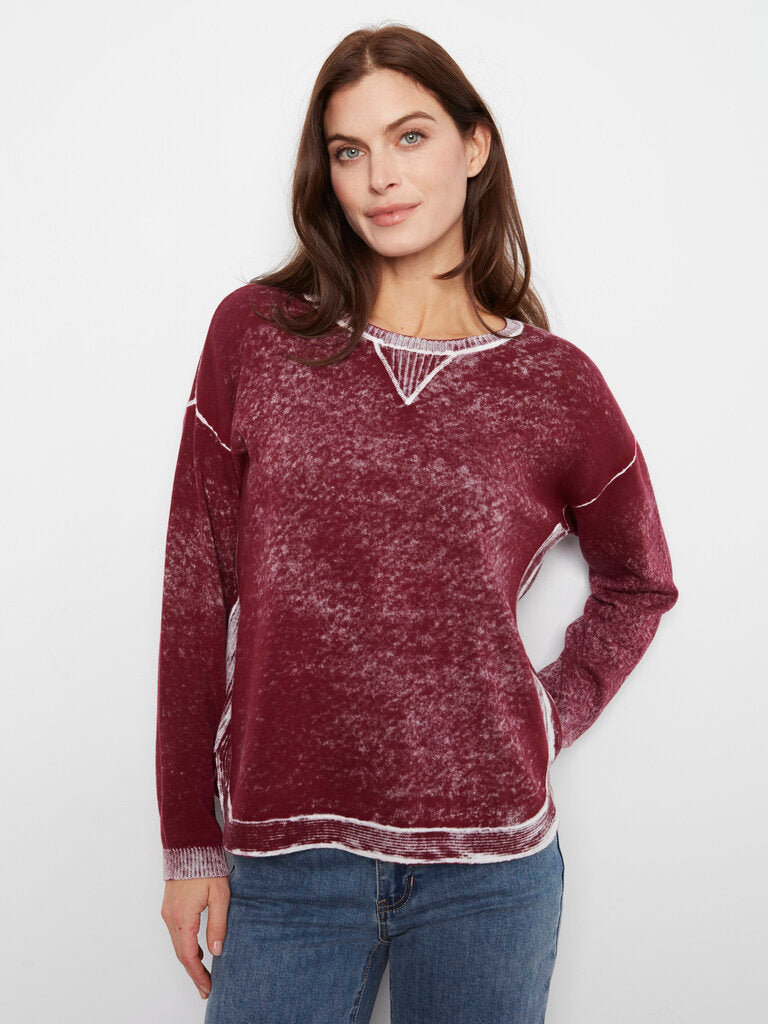 CHARLIE B Burgundy and White Long Sleeve Cotton Sweater Top