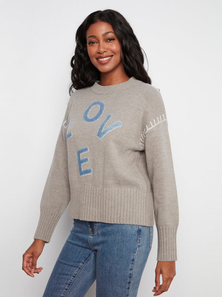 CHARLIE B Grey Sweater with Denim Love Patch