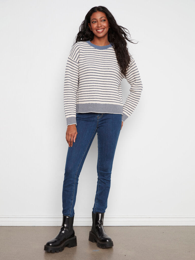 CHARLIE B Cream and Blue Stripe Long Sleeve Sweater