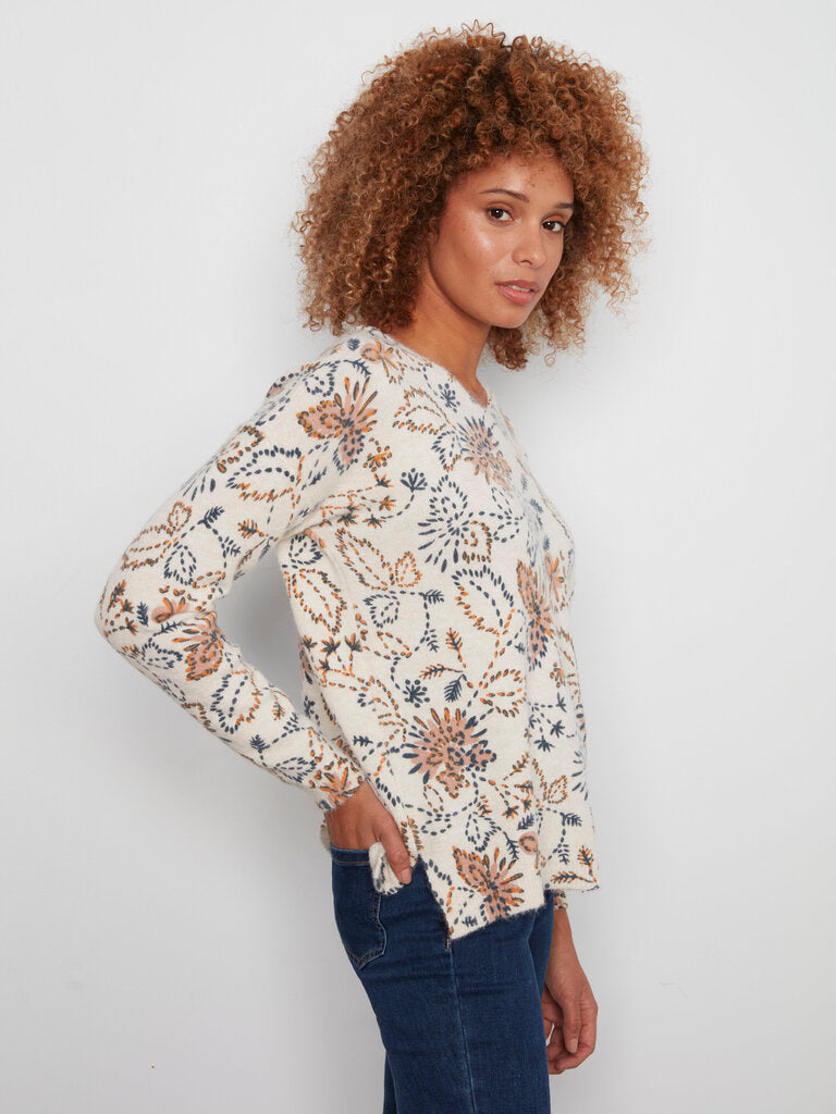 CHARLIE B Cream and Multi Floral Motifs Long Sleeve Sweater