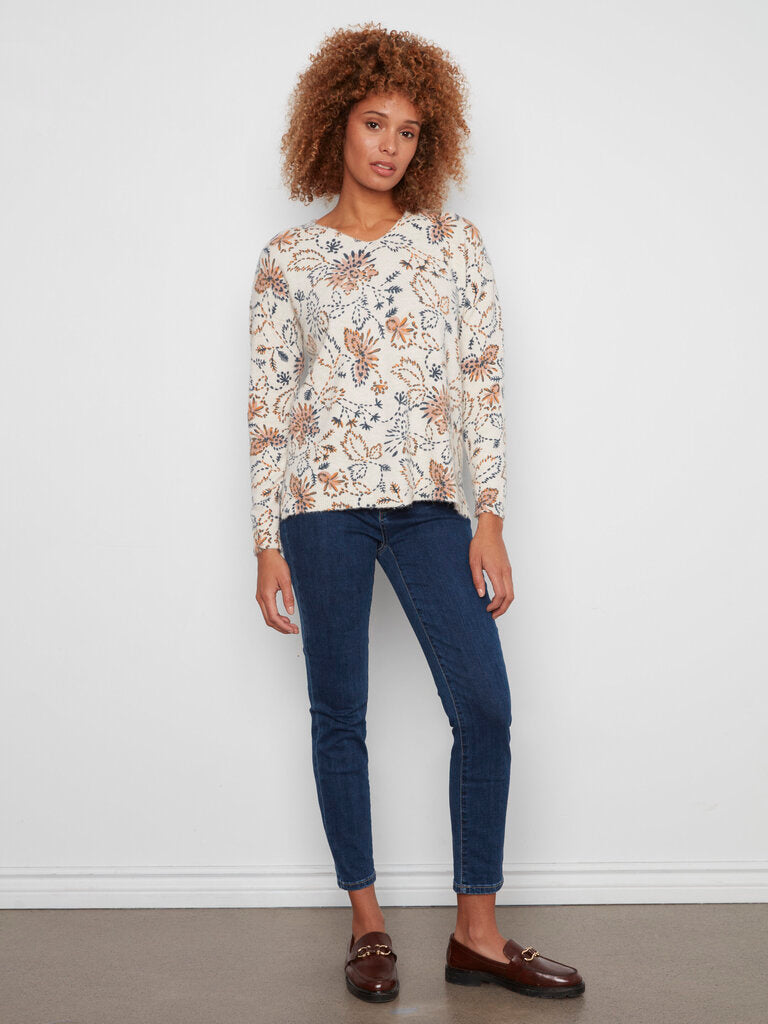 CHARLIE B Cream and Multi Floral Motifs Long Sleeve Sweater