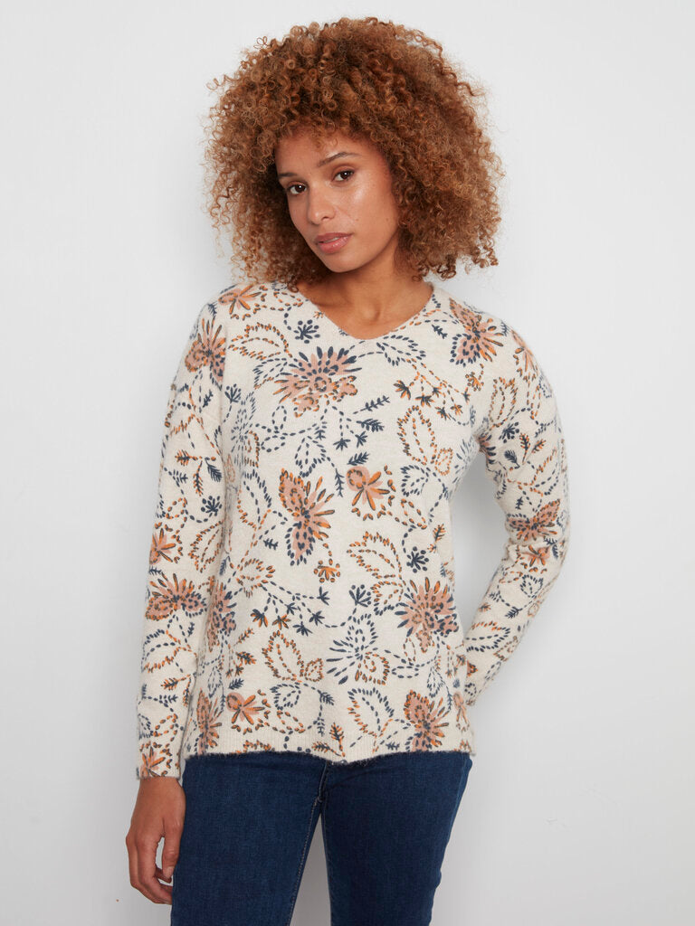 CHARLIE B Cream and Multi Floral Motifs Long Sleeve Sweater