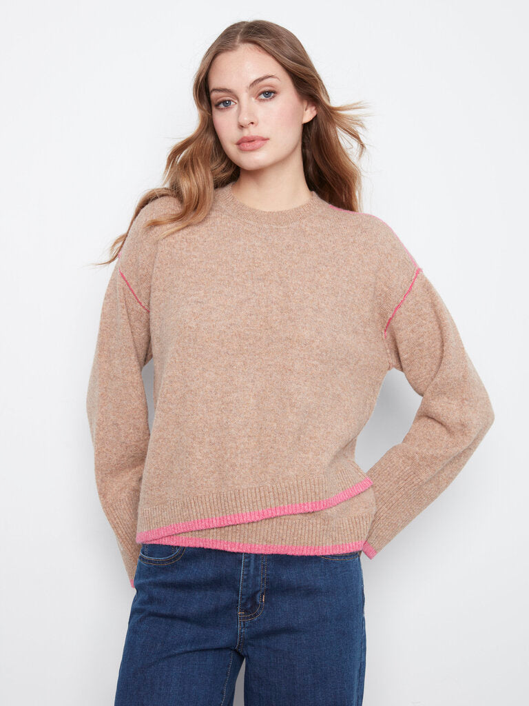 CHARLIE B Tan and Pink Wide Long Sleeve Soft Sweater