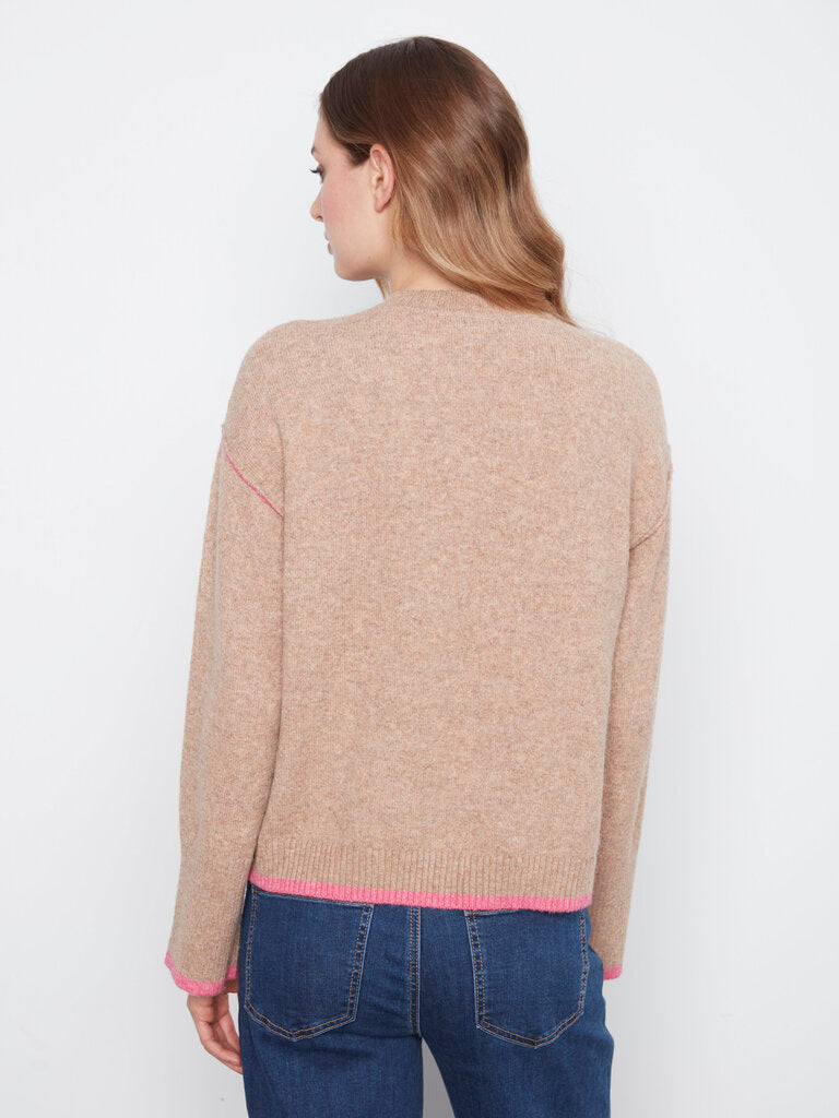 CHARLIE B Tan and Pink Wide Long Sleeve Soft Sweater