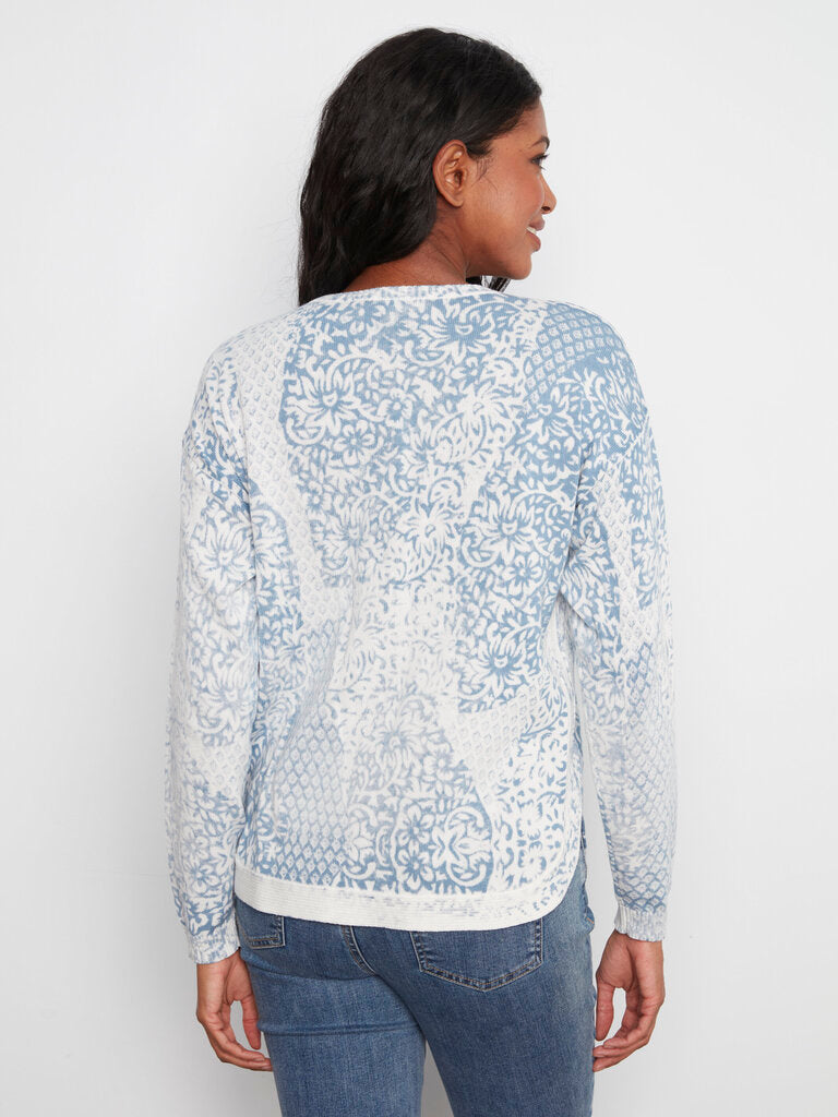 CHARLIE B White and Blue Long Sleeve Cotton Sweater Top