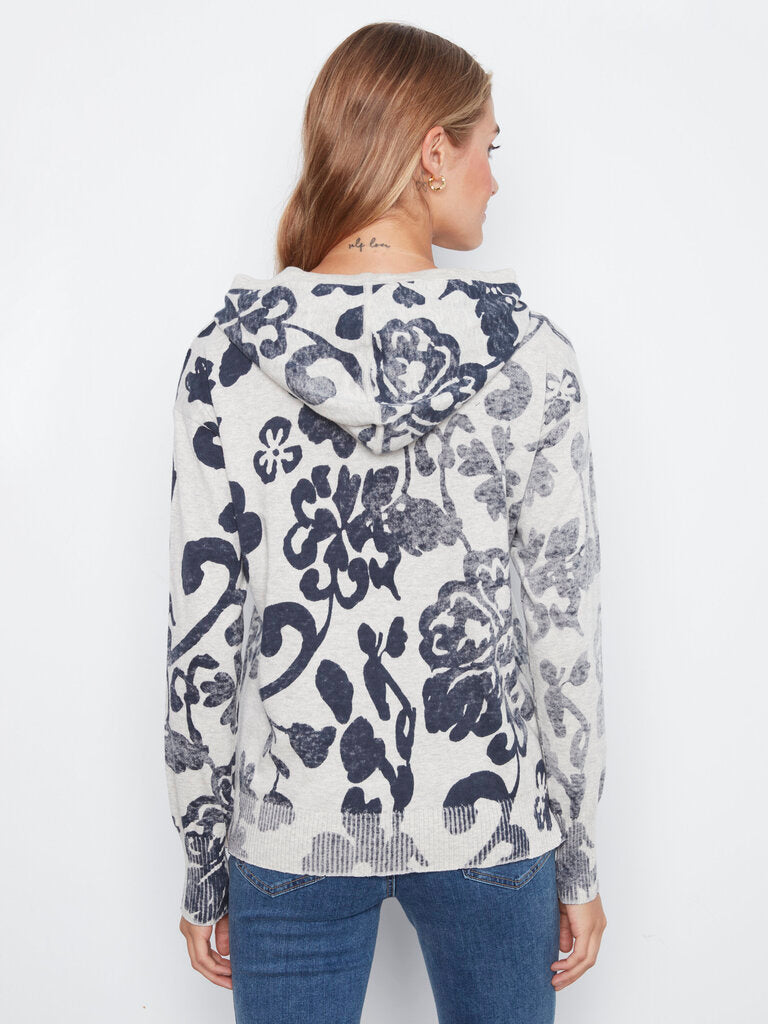 CHARLIE B Grey and Blue Paisley Long Sleeve Lightweight Cotton Hoodie Sweater Top