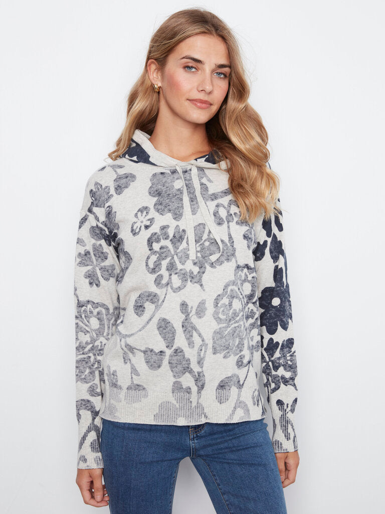 CHARLIE B Grey and Blue Paisley Long Sleeve Lightweight Cotton Hoodie Sweater Top