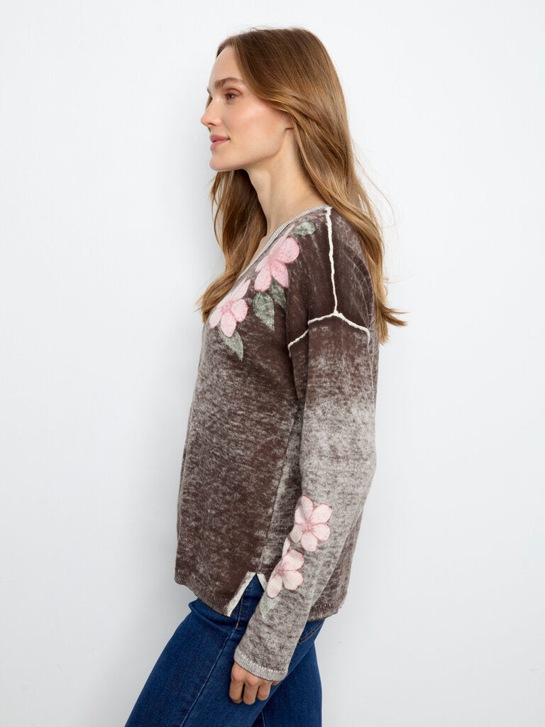 CHARLIE B Chocolate and Floral Long Sleeve Sweater Top
