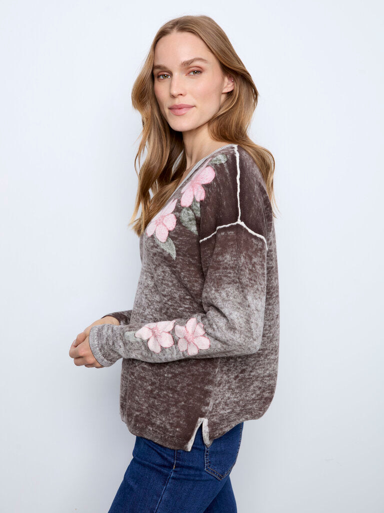 CHARLIE B Chocolate and Floral Long Sleeve Sweater Top