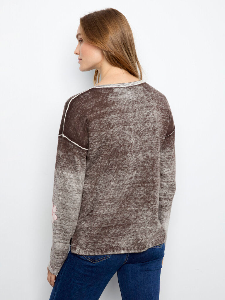 CHARLIE B Chocolate and Floral Long Sleeve Sweater Top