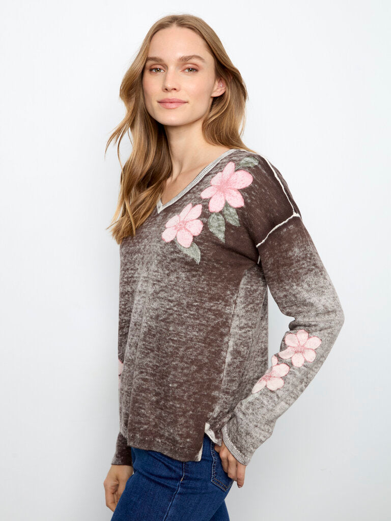 CHARLIE B Chocolate and Floral Long Sleeve Sweater Top
