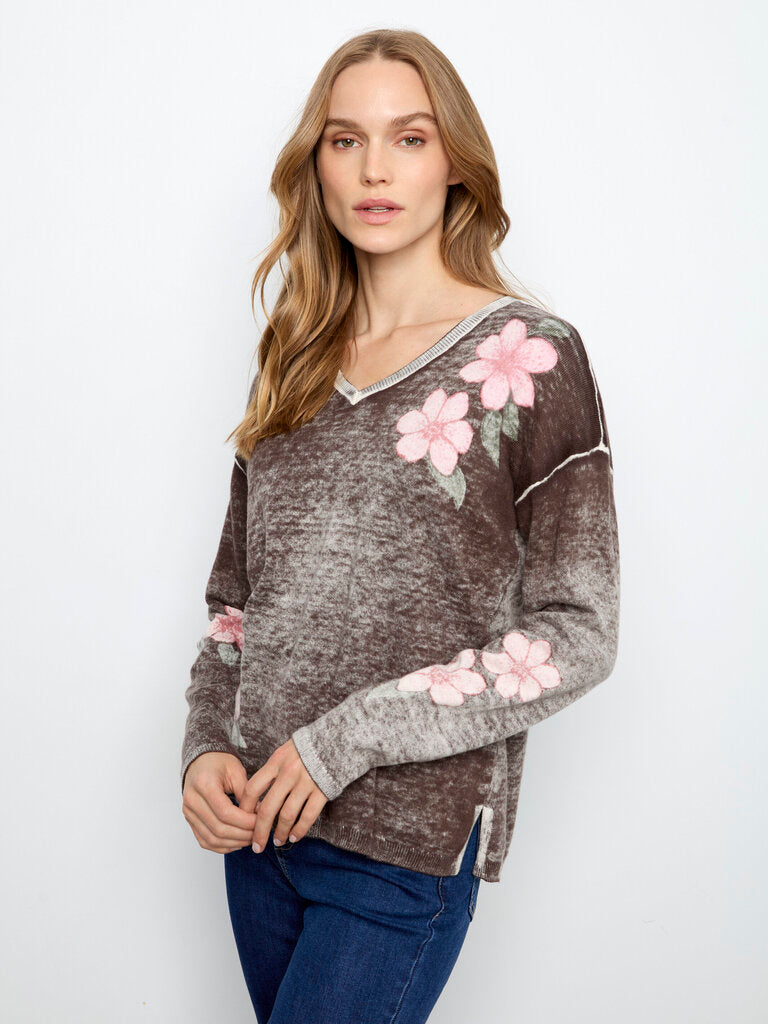 CHARLIE B Chocolate and Floral Long Sleeve Sweater Top