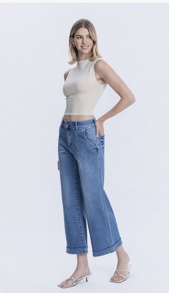 LOVERVET High Rise Two Buttons Wide Leg Reverse Hemline Jean