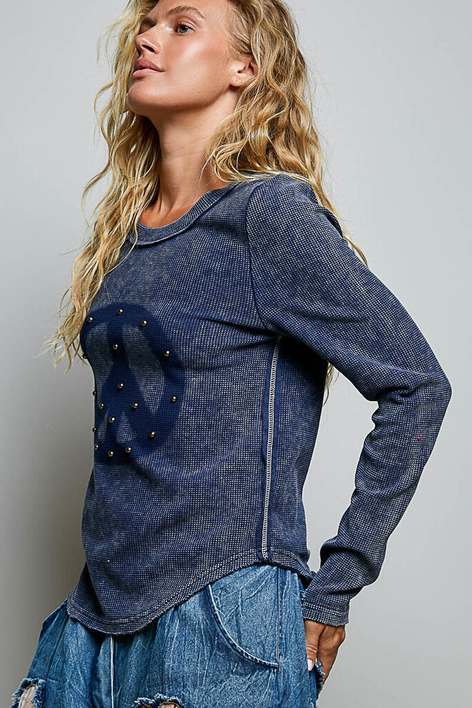 POL Navy Stonewash Long Sleeve Studded Peace Top