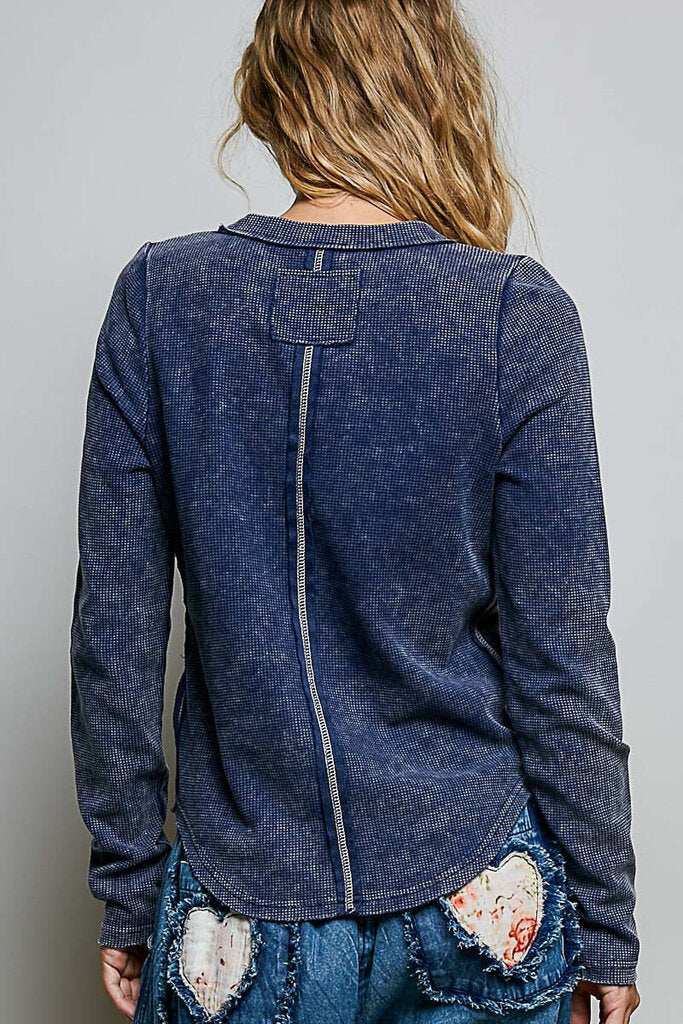 POL Navy Stonewash Long Sleeve Studded Peace Top
