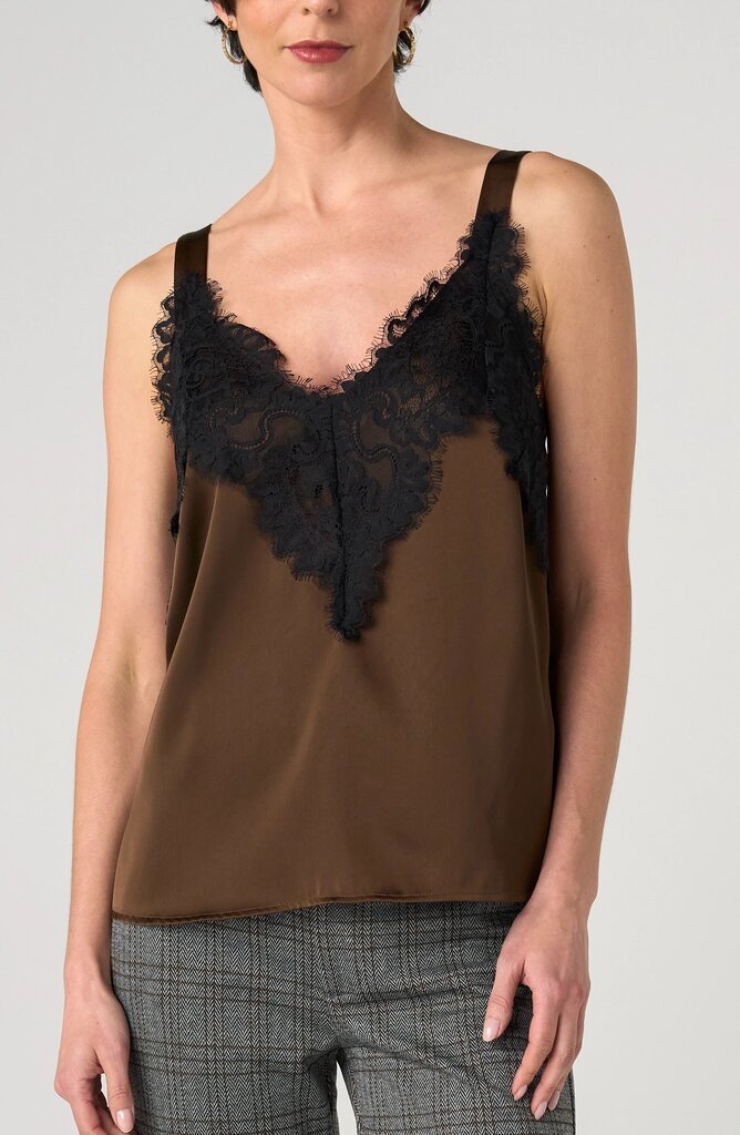 LIVER POOL Sleeveless Deep Expresso Top with Black Lace Trim
