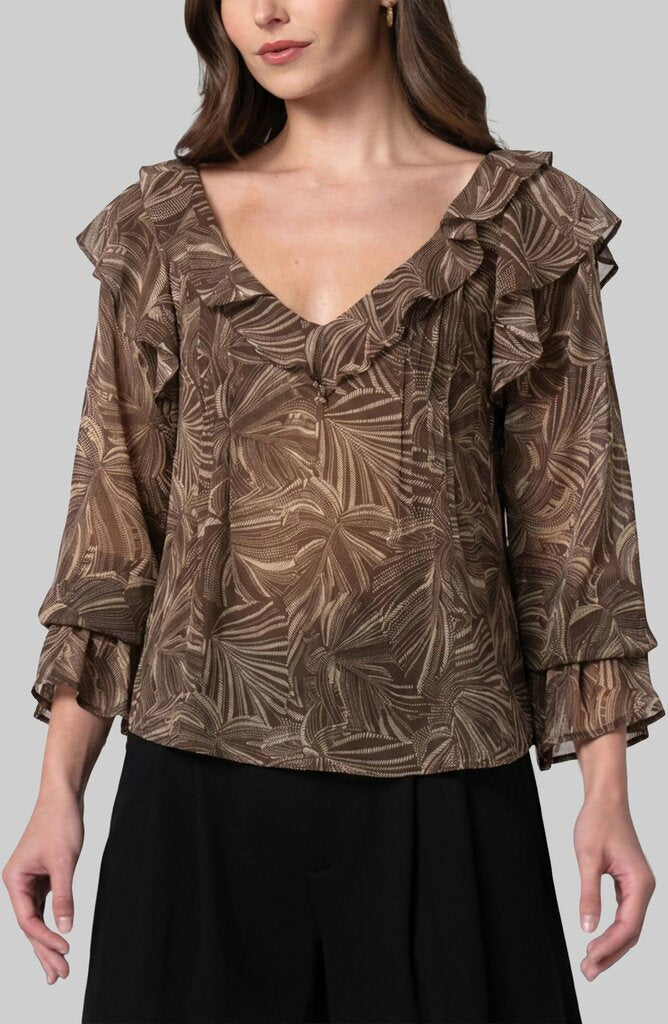 LIVER POOL Dark Espresso & Cream Leaves Long Sleeve V-neck Blouse Top