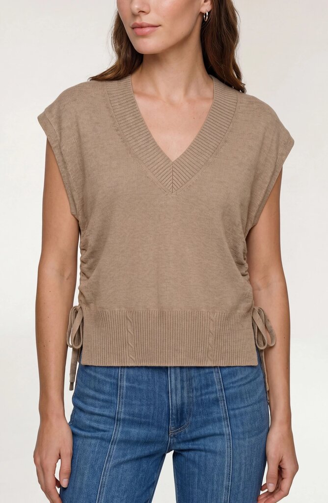 LIVER POOL Khaki Sleeveless Soft V-Neck Sweater Top with Side Ties