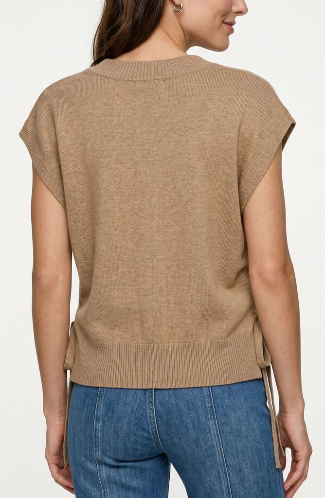LIVER POOL Khaki Sleeveless Soft V-Neck Sweater Top with Side Ties