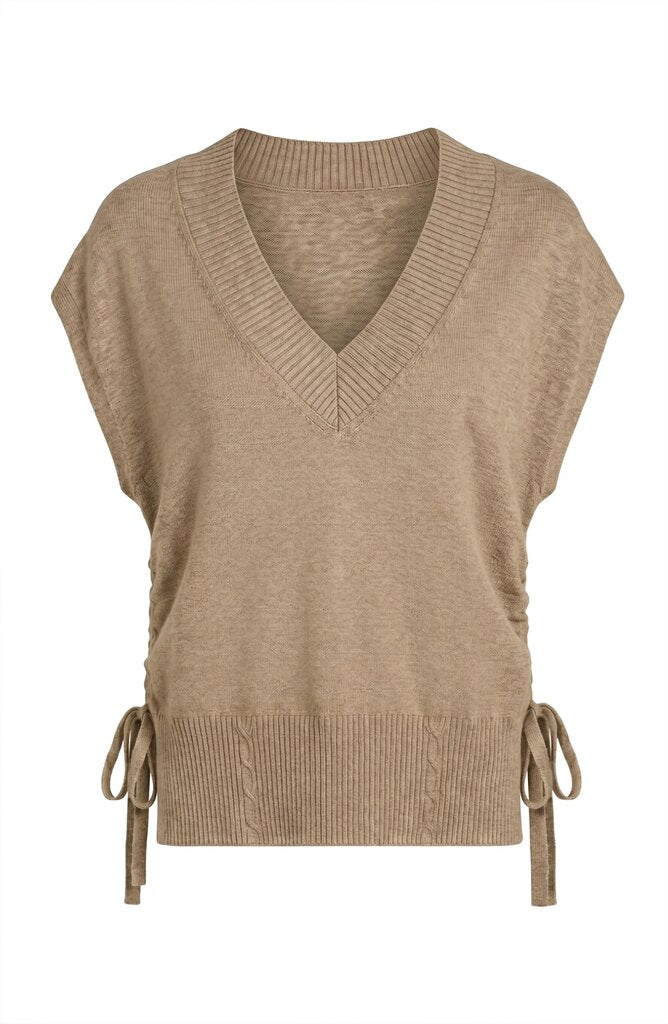 LIVER POOL Khaki Sleeveless Soft V-Neck Sweater Top with Side Ties