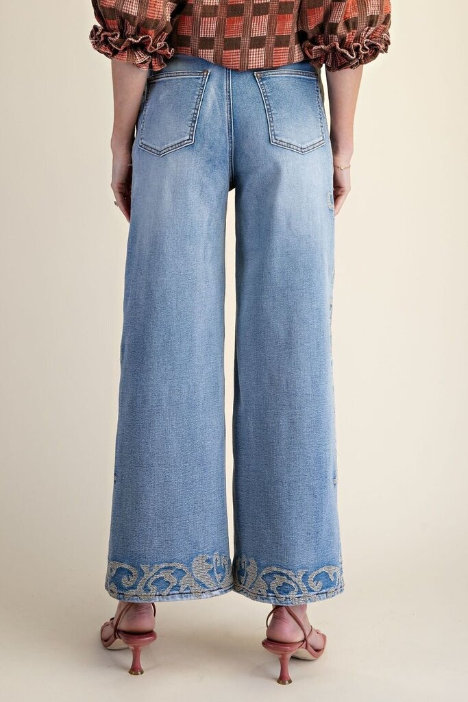 EASEL High Waist Wide Leg Embroidered Denim Jeans