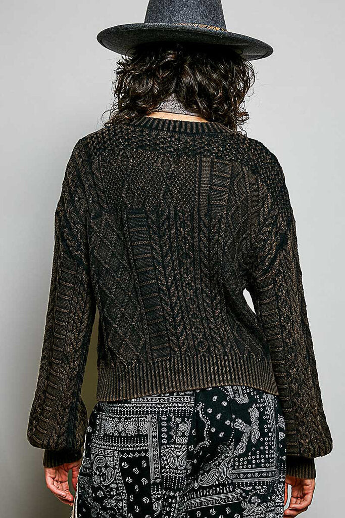 POL Stonewash Black Long Sleeve Cable Sweater with Flag