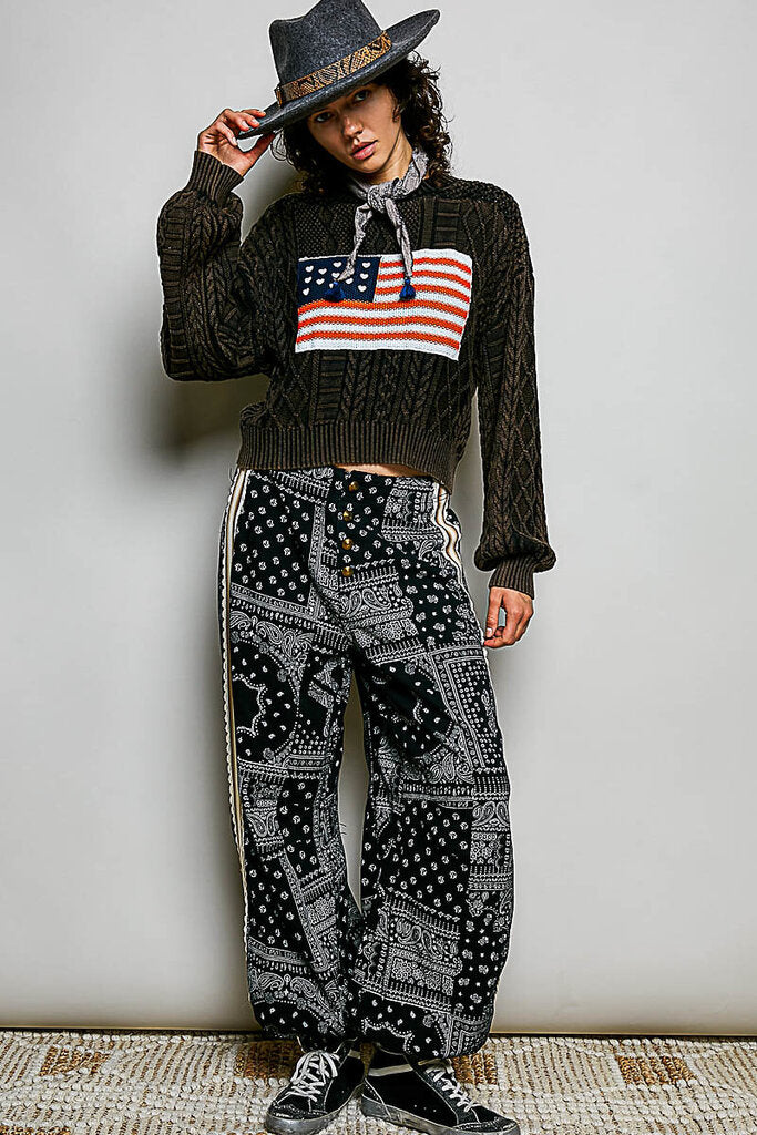 POL Stonewash Black Long Sleeve Cable Sweater with Flag