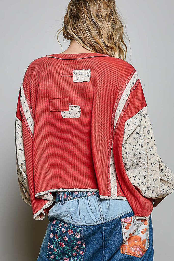 POL Stonewash Red and Floral Long Sleeve Dolman Peace Top