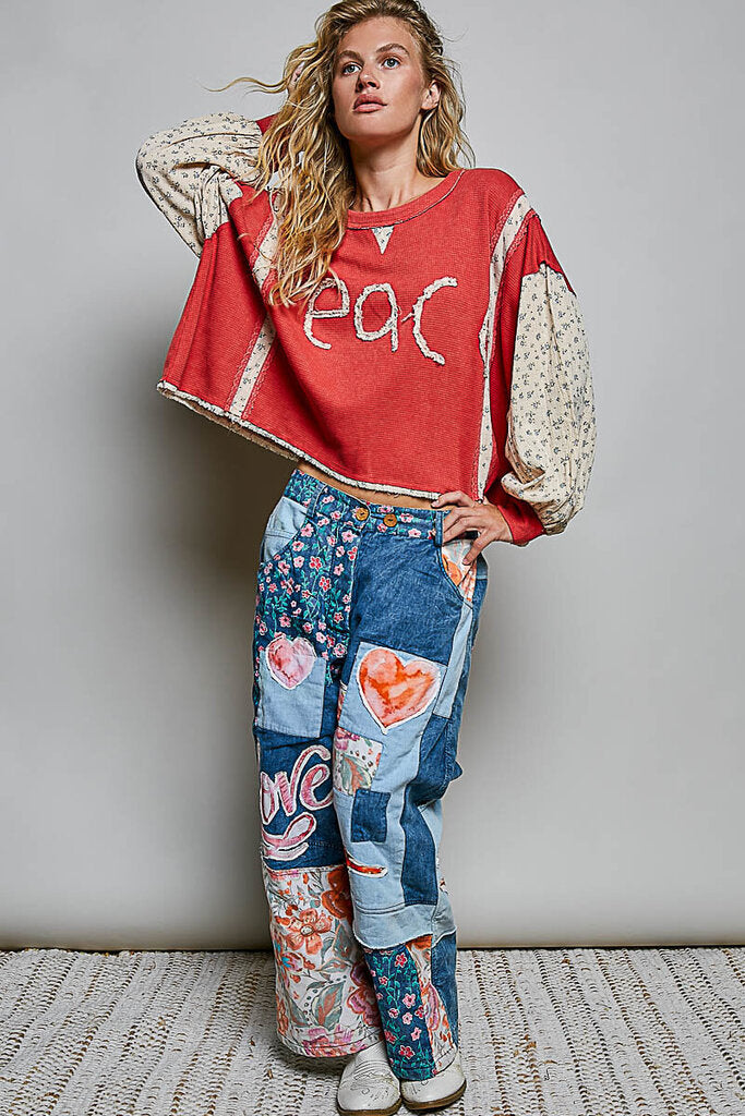 POL Stonewash Red and Floral Long Sleeve Dolman Peace Top