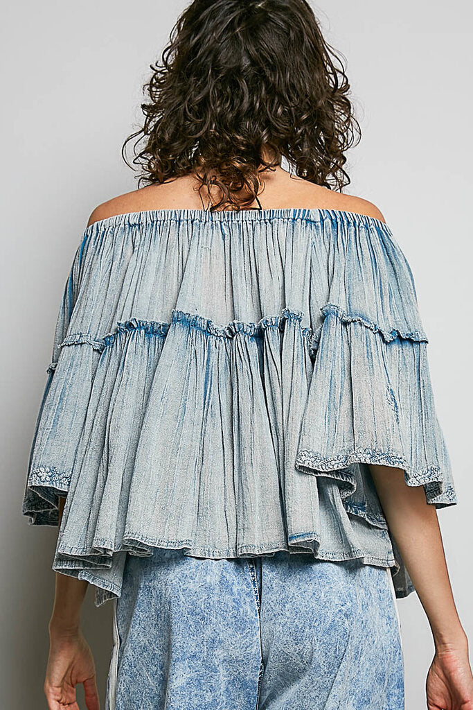 POL Vintage Blue Cotton Gauze Bell Sleeves Embroidered Top