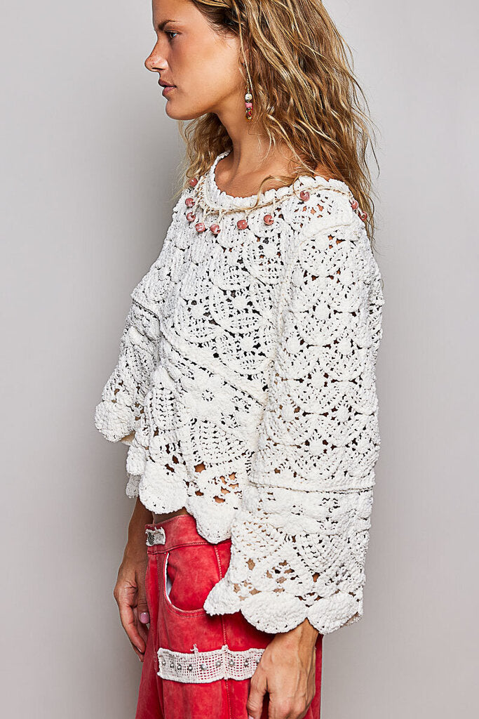 POL Cream Long Sleeve Sweater Knit Crochet Top