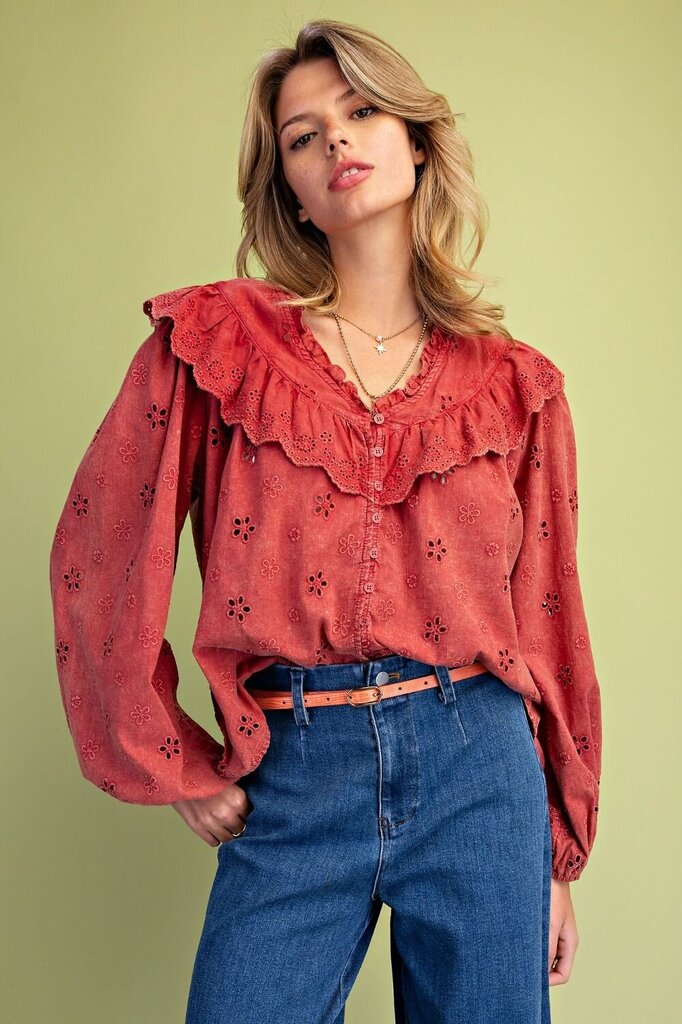 EASEL Boho Red Mineral Washed Eyelet Cotton Long Sleeve Top