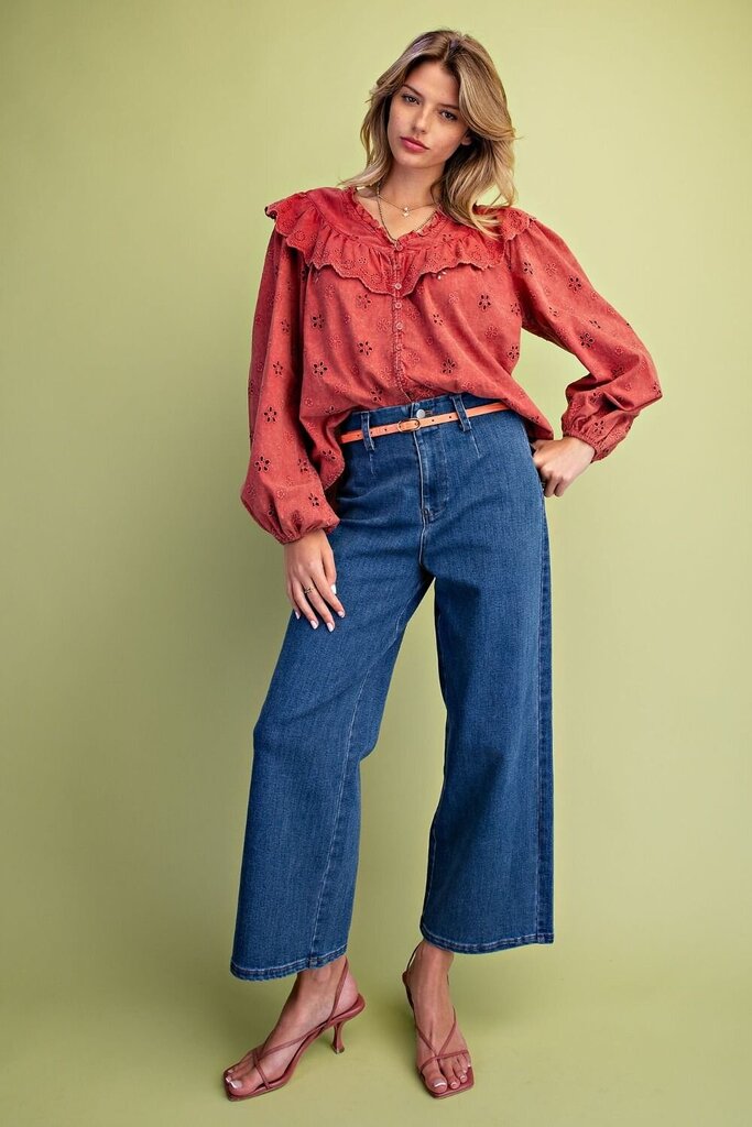 EASEL Boho Red Mineral Washed Eyelet Cotton Long Sleeve Top