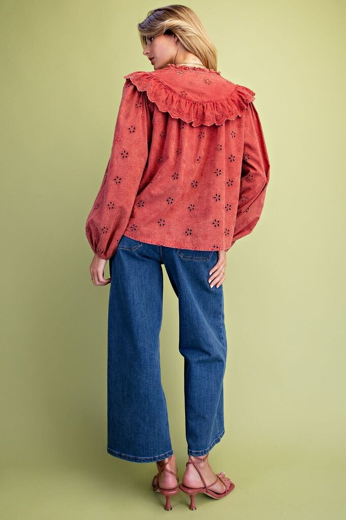 EASEL Boho Red Mineral Washed Eyelet Cotton Long Sleeve Top