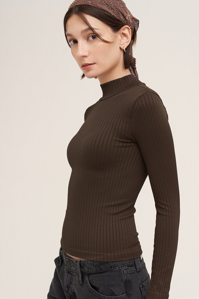 NIKIBIKI Chocolate Wide Ribbed Mock Neck Long Sleeve Top