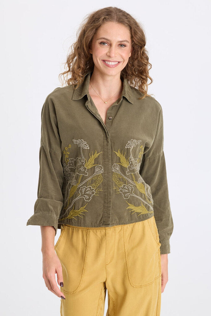 XCVI Kombu Pigment Kyle Embroidered Corduroy Button-Up Top