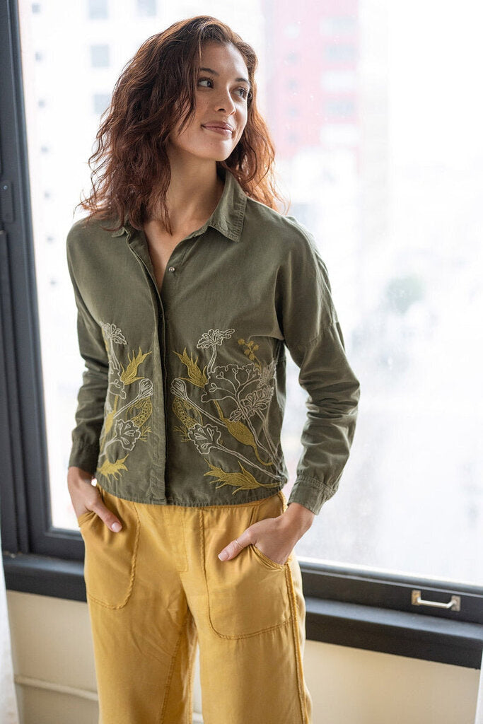 XCVI Kombu Pigment Kyle Embroidered Corduroy Button-Up Top