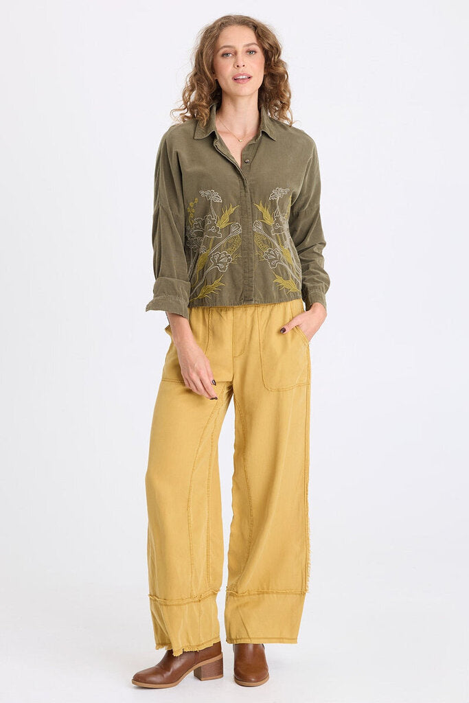 XCVI Kombu Pigment Kyle Embroidered Corduroy Button-Up Top
