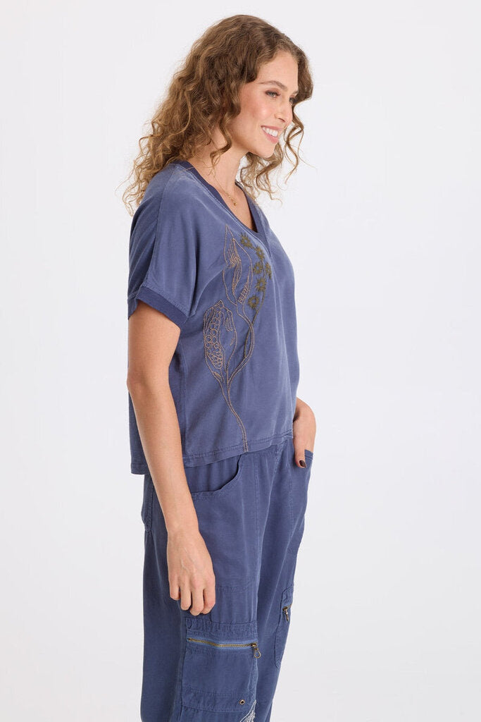 XCVI Bluestone Hanno Embroidered Twill V-Neck Top